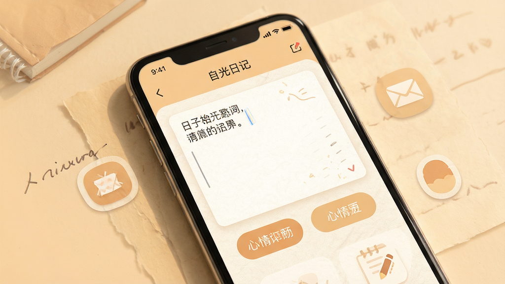 拾光日记手机应用界面展示,主体为一部智能手机,屏幕显示日记编辑页面,布局采用居中构图,排版清晰展示文字输入区与心情标签按钮,风格为清新简约的扁平化设计,细节包含柔和的暖色调背景、细腻的纸张纹理、圆润的图标元素,画质高清,画面干净,无多余元素