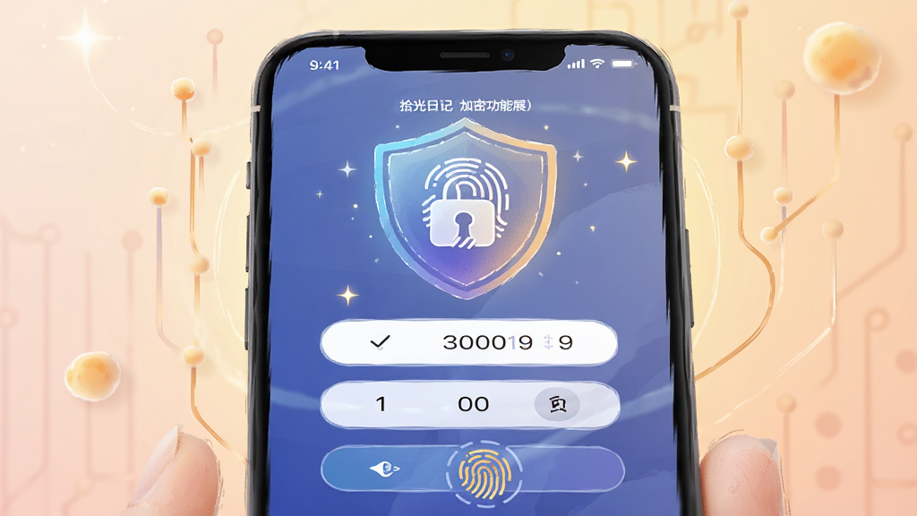 拾光日记私密空间加密功能展示,主体为手机屏幕上的密码输入界面与指纹识别图标,布局采用上下结构,排版突出安全锁与盾牌元素,风格为科技感与温馨感结合的插画风格,细节包含柔和的光晕效果、细腻的渐变色彩、清晰的图标轮廓,画质高清,画面干净,无多余元素