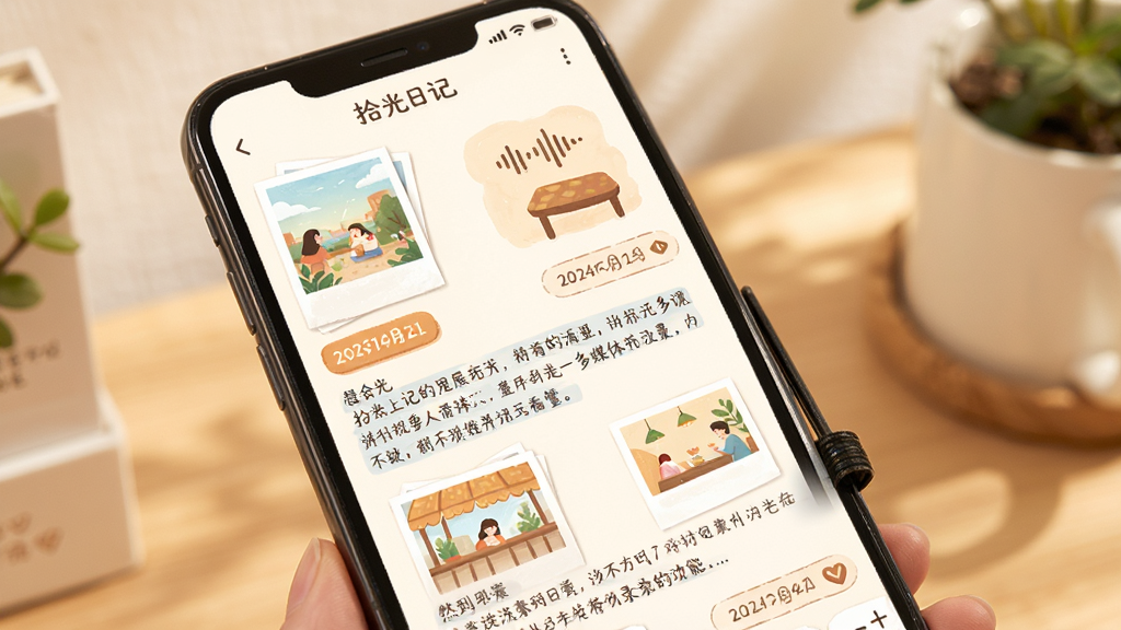 拾光日记多媒体日记记录功能展示,主体为手机屏幕上的图文混排日记页面,布局采用瀑布流式排版,风格为温馨生活化插画风格,细节包含照片缩略图、语音波形图标、文字段落、日期标签,画质高清,画面干净,无多余元素