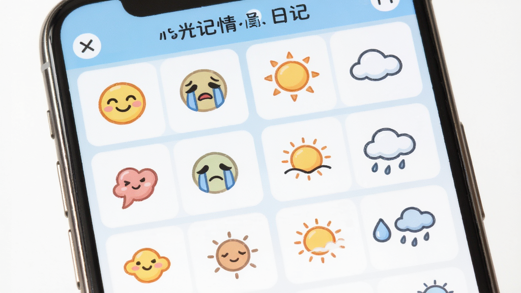 拾光日记心情标签与天气记录功能展示,主体为手机屏幕上的心情选择面板与天气图标列表,布局采用网格状排列,风格为活泼可爱的卡通风格,细节包含笑脸、哭脸、太阳、云朵、雨滴等图标,画质高清,画面干净,无多余元素