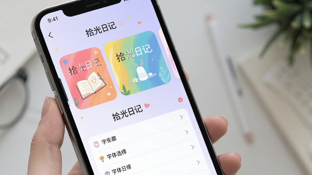 拾光日记主题与字体设置界面图,手机屏幕显示主题选择页面,有多个彩色主题预览卡片,下方是字体选择列表,背景是浅紫色渐变,画面中有一行文字“拾光日记”,整体风格时尚活泼,排版清晰,画质细腻,无多余元素