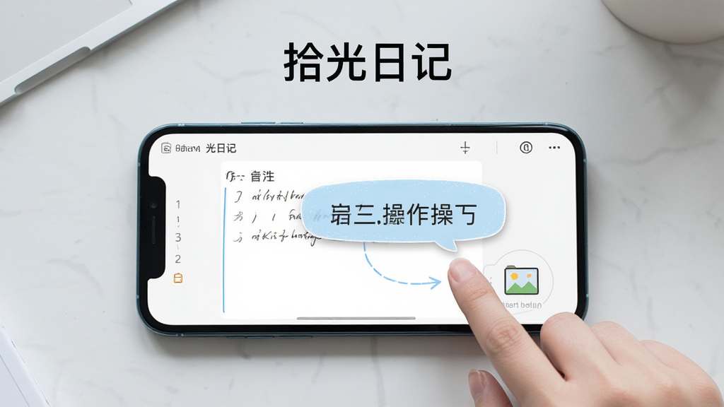 拾光日记移动端使用技巧展示图,画面中一部手机横屏显示日记编辑界面,手指正在点击插入图片按钮,屏幕上有提示气泡标注操作步骤,背景是简洁的浅灰色桌面,画面中有一行文字“拾光日记”,整体风格清新明快,画质清晰,排版整洁,无多余元素