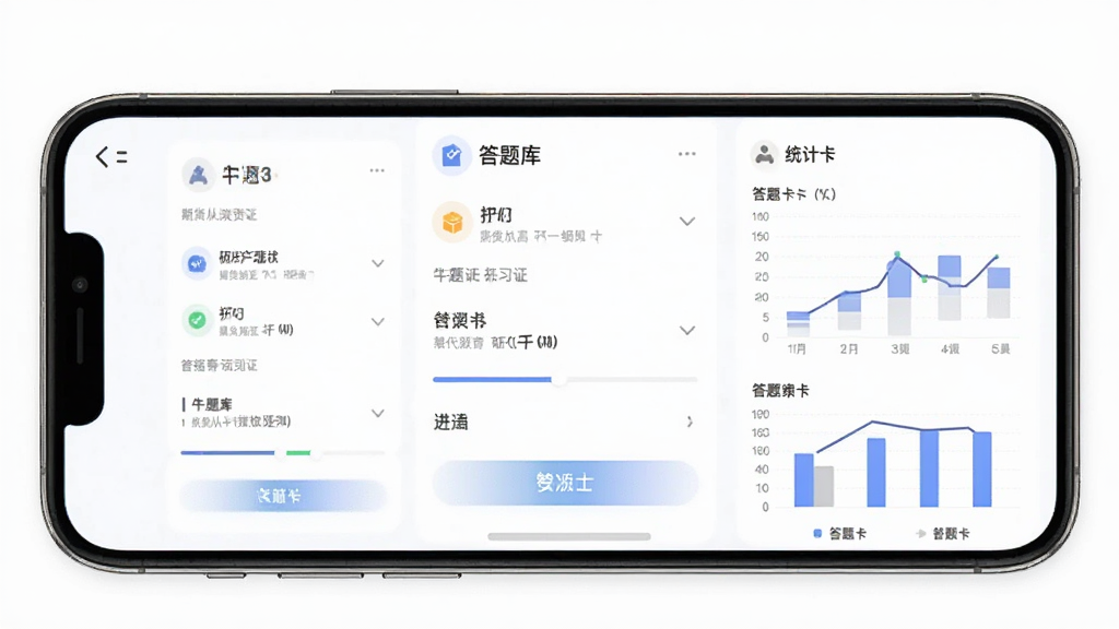 一款名为“期货从业资格证牛题库”的手机应用界面,主体为手机屏幕展示题库练习页面,布局居中,排版清晰,风格为现代简约教育类App风格,细节包含题目选项、进度条、答题卡和统计图表,画质高清,干净,无多余元素。
