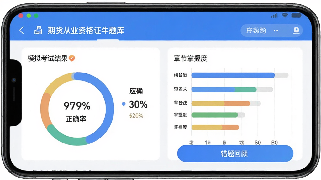 一款名为“期货从业资格证牛题库”的App模拟考试结果页面,主体为手机屏幕展示成绩报告,布局为上下分区,排版规整,风格为数据可视化教育类界面,细节包含分数圆环图、正确率百分比、章节掌握度条形图和错题回顾按钮,画质高清,干净,无多余元素。