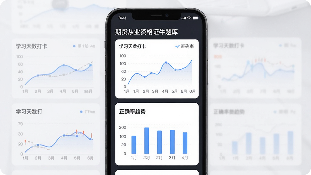 一款名为“期货从业资格证牛题库”的App学习数据统计页面,主体为手机屏幕展示多维度图表,布局为卡片式排列,排版清晰,风格为现代简约数据面板,细节包含折线图、柱状图、学习天数打卡和正确率趋势,画质高清,干净,无多余元素。