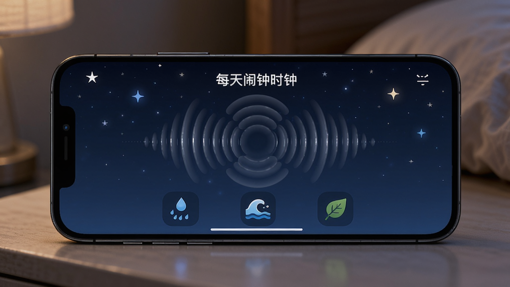 手机横屏放置于床头柜,屏幕显示“每天闹钟时钟”的白噪音播放界面,界面中央有圆形声波扩散动画,背景为深蓝色夜空与星星点缀,底部有雨滴、海浪、树叶等图标。风格为沉浸式暗色系UI展示,画质高清,氛围静谧,无杂乱元素。