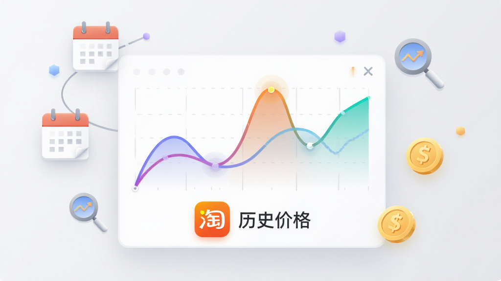 画面中央为一块悬浮的折线图面板,面板上显示商品价格走势曲线,曲线下方有悠淘软件图标与“历史价格”字样,周围环绕日历、放大镜、金币等小图标,布局采用上下结构,风格为现代数据可视化插画,细节上曲线有渐变色彩,背景为浅灰,画质高清,干净,无多余元素