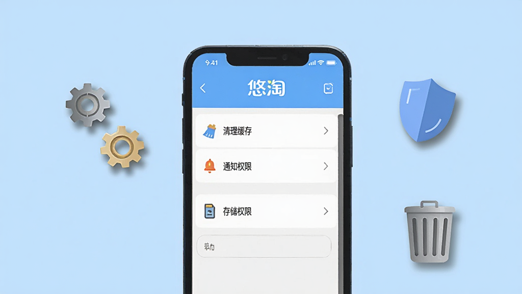 画面展示一部手机屏幕显示悠淘的设置页面,页面中有“清理缓存”“通知权限”“存储权限”等选项,手机旁边有齿轮、盾牌、垃圾桶等图标,布局采用居中构图,风格为简洁工具类插画,细节上图标有扁平化阴影,背景为浅蓝,画质高清,干净,无多余元素