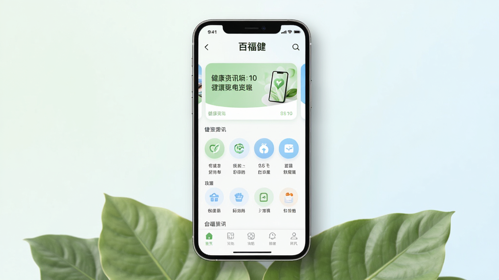 画面主体为一部智能手机,手机屏幕显示“百福健”APP的首页界面,界面包含健康资讯卡片、功能图标和底部导航栏;布局采用居中构图,手机下方有柔和的绿色植物叶片作为点缀;排版简洁,突出手机屏幕内容;风格为现代科技与健康生活结合,色调以白色、浅绿、淡蓝为主;细节上手机边缘有轻微阴影,屏幕内文字清晰,图标圆润;画质高清,干净,无多余元素。