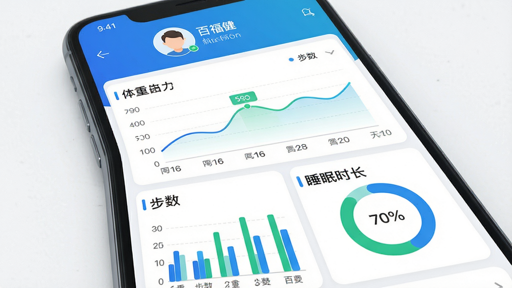 画面主体是一部手机,屏幕显示“百福健”个人健康档案页面,包含体重曲线图、步数柱状图和睡眠时长圆环图;布局为上下结构,图表占据主要区域,顶部有用户头像和昵称;排版清晰,数据可视化直观;风格为现代健康管理类应用,色调以蓝色、绿色和白色为主;细节上图表线条流畅,数字清晰;画质高清,干净,无多余元素。