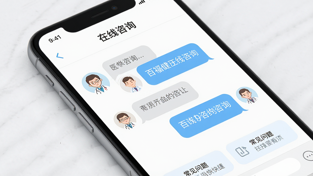 画面主体是手机屏幕,显示“百福健”在线咨询页面,包含对话框、医生头像和常见问题快捷按钮;布局为聊天界面样式,顶部有“在线咨询”标题;排版简洁,对话气泡清晰;风格为医疗健康类应用,色调以白色、浅蓝色和淡灰色为主;细节上对话框有圆角,医生头像为卡通形象;画质高清,干净,无多余元素。