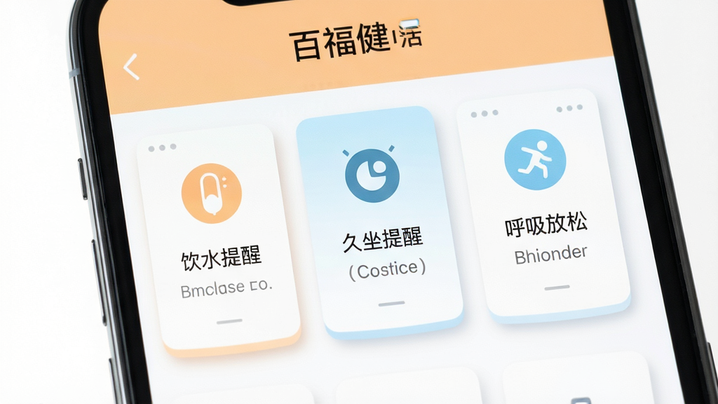 画面主体为手机屏幕,显示“百福健”生活小工具页面,包含饮水提醒、久坐提醒、呼吸放松三个功能卡片;布局为三列网格排列,每个卡片有图标和文字说明;排版简洁,间距均匀;风格为轻量工具类应用,色调以浅橙色、浅蓝色和白色为主;细节上图标为扁平化设计,卡片有轻微阴影;画质高清,干净,无多余元素。