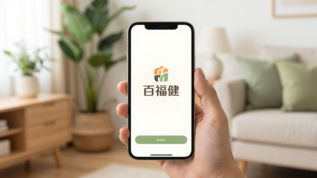 画面主体是一部手机和一只手,手机屏幕显示“百福健”APP的启动页面,背景为虚化的家庭客厅场景;布局为手机居中,手轻轻握住手机;排版简洁,突出手机屏幕;风格为温馨健康生活照,色调以暖白色、浅木色和淡绿色为主;细节上手机屏幕有“百福健”标志,背景有绿植和沙发一角;画质高清,干净,无多余元素。