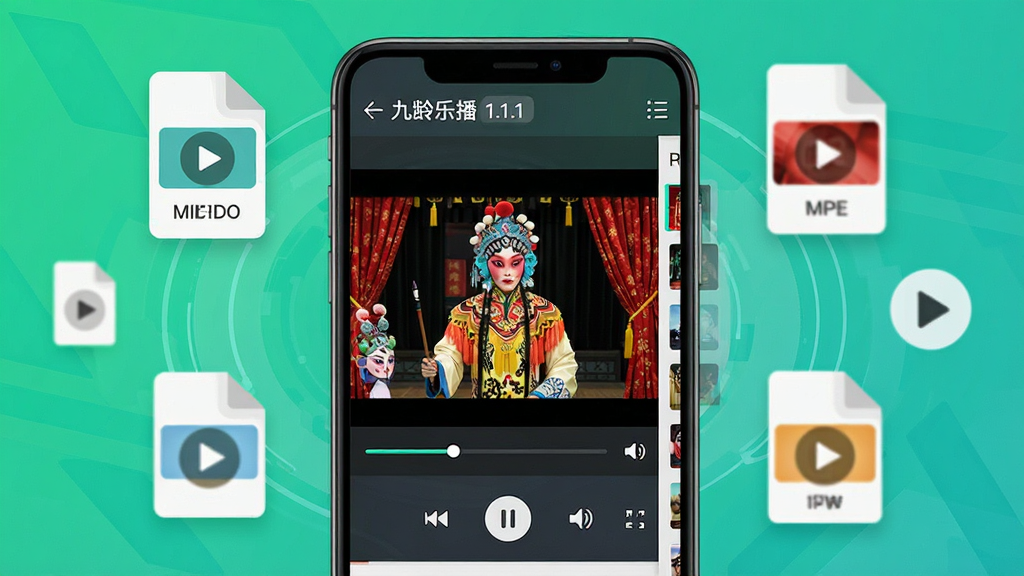 主体是一部智能手机屏幕,屏幕上显示九龄乐播播放器界面,界面中央播放着戏曲视频画面,布局为手机竖屏居中展示,周围环绕几个悬浮的视频文件图标与播放按钮,排版简洁清晰,风格为现代科技感扁平插画,细节包括进度条、音量图标、全屏按钮、播放列表侧边栏,画面中文字标注“九龄乐播”与“1.1.1”,画质高清,画面干净,无多余元素