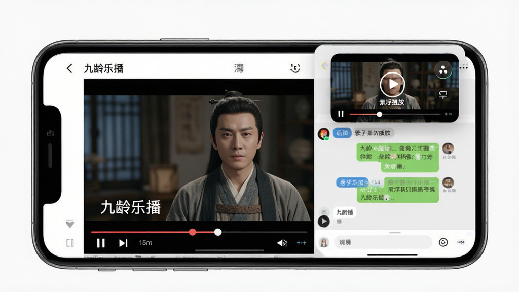 主体是九龄乐播播放界面展示悬浮小窗与后台播放功能,布局为手机屏幕中央播放视频,角落有一个小窗悬浮在聊天界面之上,排版左右分栏,风格为写实UI风格,细节包括播放进度条、悬浮窗按钮、后台播放标识,画面中文字标注“九龄乐播”与“悬浮播放”,画质高清,画面干净,无多余元素