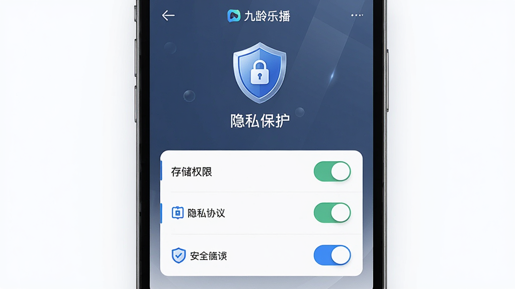 主体是九龄乐播隐私安全设置界面,布局为手机屏幕中央显示盾牌图标与权限开关列表,排版上下结构,风格为简约商务风格,细节包括存储权限、隐私协议、安全标识、开关按钮,画面中文字标注“九龄乐播”与“隐私保护”,画质高清,画面干净,无多余元素