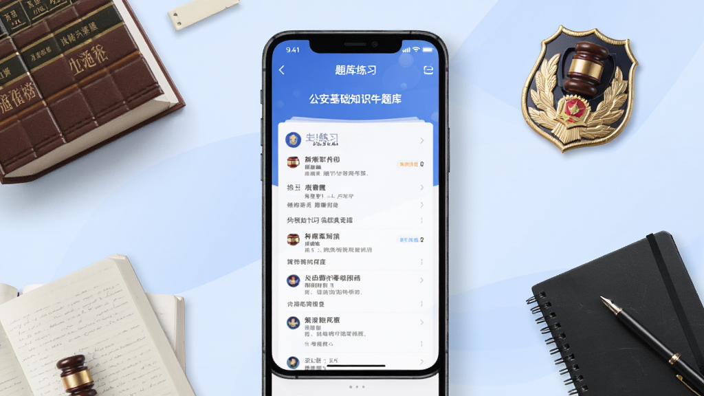 一款手机展示公安基础知识牛题库APP界面,屏幕中央显示题库练习页面,背景为淡蓝色渐变,周围环绕法律书籍、警徽、笔记本等学习元素,整体布局居中对称,风格简洁商务,细节清晰,画质干净,无多余元素