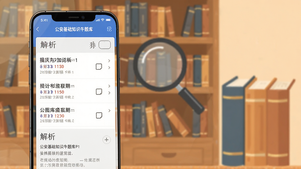公安基础知识牛题库APP题库界面,手机屏幕显示题目列表和解析文字,背景有书架和放大镜元素,布局为左侧手机右侧书籍,风格扁平化设计,细节丰富,画质清晰干净