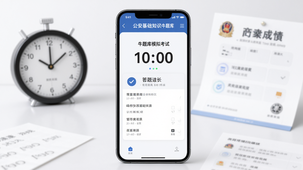 公安基础知识牛题库模拟考试界面,手机屏幕显示倒计时和答题卡,背景有计时器和成绩单元素,布局为中央手机展示,风格现代简约,画质高清干净