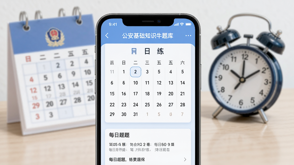 公安基础知识牛题库每日一练界面,手机屏幕显示打卡日历和每日题目,背景有日历和闹钟元素,布局为手机居中,风格清新浅色,画质干净清晰