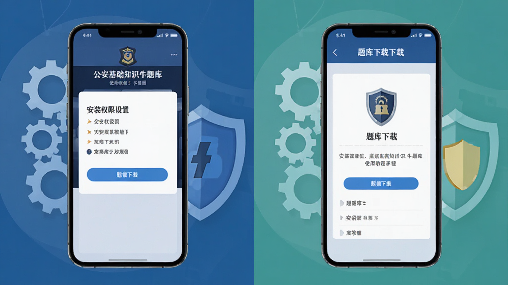 公安基础知识牛题库使用教程示意图,手机屏幕展示安装权限设置和题库下载界面,背景有齿轮和盾牌图标,布局为左右分栏,风格扁平科技感,画质清晰干净