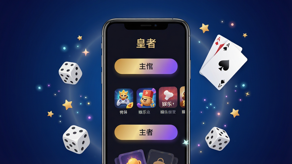 画面中央展示一部智能手机,屏幕上显示“皇者”应用的主界面,界面采用深色背景搭配金色与紫色渐变按钮,布局简洁,有游戏图标和娱乐内容卡片。手机周围漂浮着骰子、扑克牌、星星和光效粒子。背景是深蓝色渐变,带有柔和的光晕。风格为现代扁平化与轻微拟物结合,细节丰富,画质清晰,干净,无多余元素。