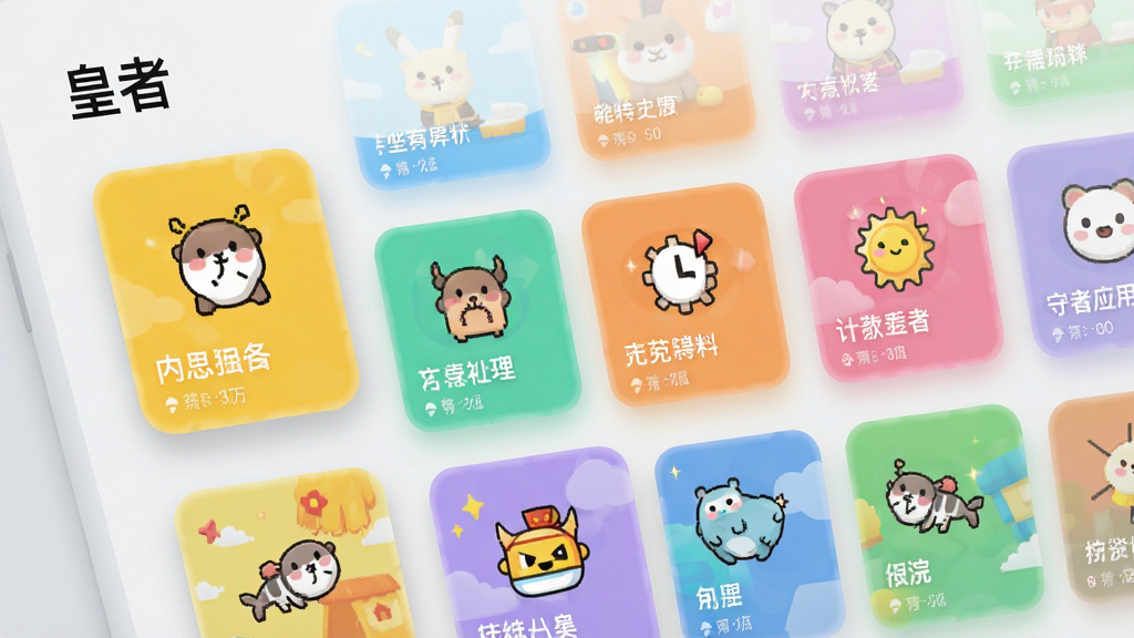 画面展示“皇者”应用内部的内容列表界面,多个彩色卡片整齐排列,每个卡片上有不同的趣味图标和简短标题。背景为浅灰色,卡片带有圆角阴影。风格清新明快,细节清晰,画质干净,无多余元素。