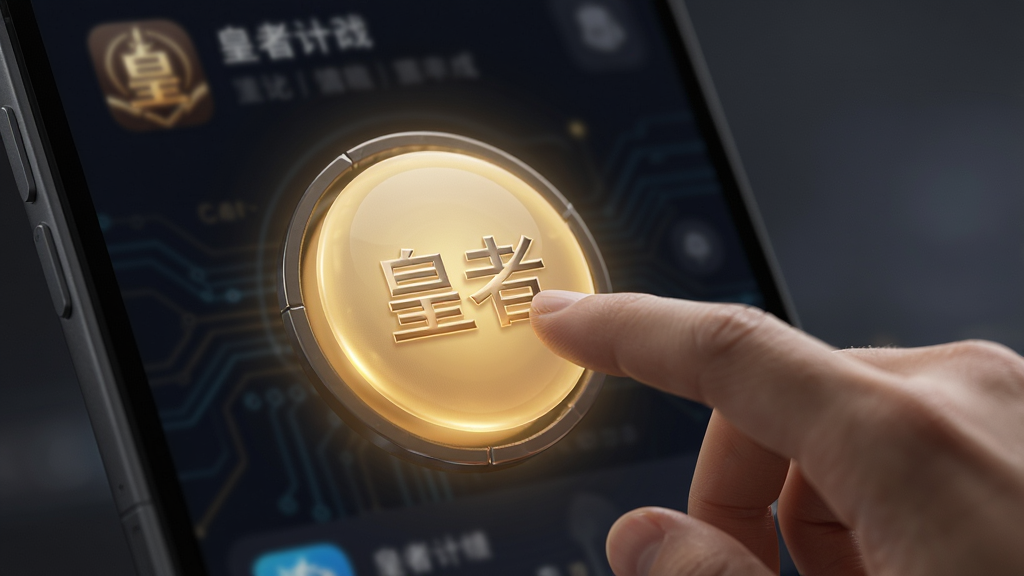 画面展示一只手正在点击“皇者”应用界面上的一个大号圆形按钮,按钮发出柔和的金色光芒。背景是模糊的深色界面,突出操作焦点。风格为写实科技感,细节精致,画质清晰,干净,无多余元素。