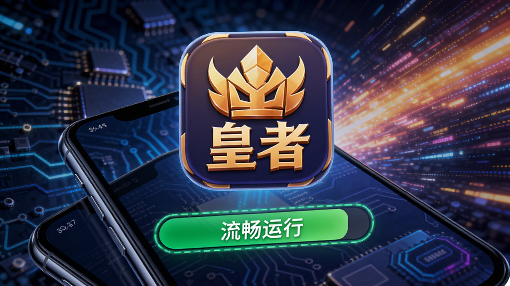 画面展示“皇者”应用图标悬浮在手机屏幕上方,图标下方有绿色的性能条显示“流畅运行”,背景是抽象的电路板和光速线条。风格为科技感插画,色彩鲜艳,细节丰富,画质清晰,干净,无多余元素。