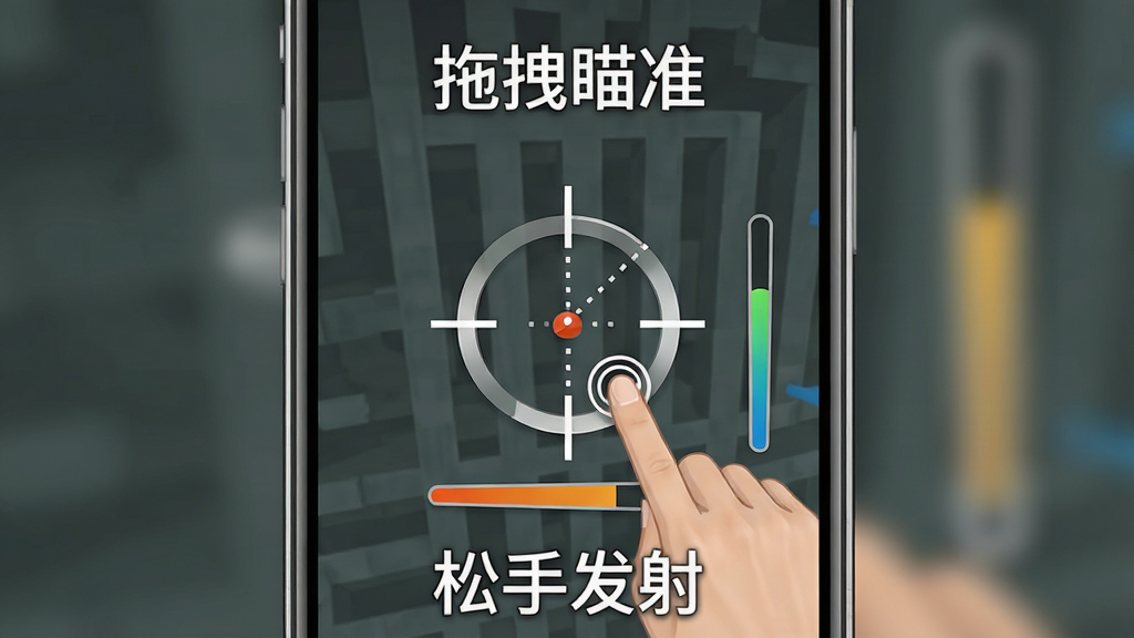一张“咒术小球”新手操作指南示意图,画面主体是手机屏幕中显示弹射瞄准界面,布局为竖屏,排版上方标注“拖拽瞄准”文字,下方标注“松手发射”文字,风格为简洁教程风,细节包含手指触控图标、角度虚线和力度条,画质清晰,干净,无多余元素