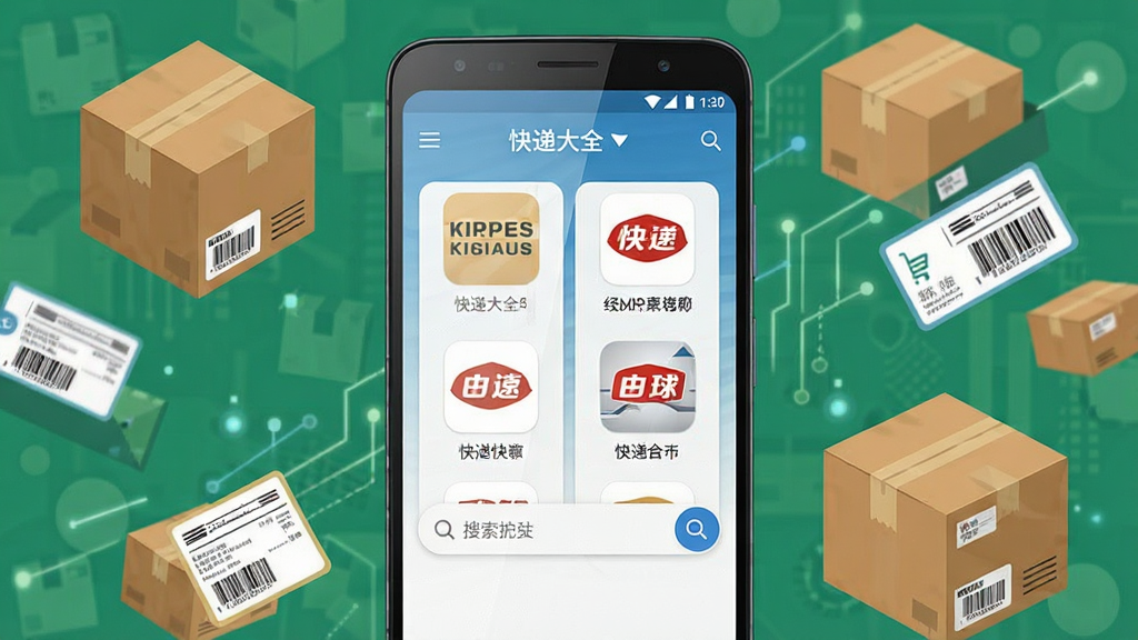 一张展示快递大全手机应用主界面的场景图,画面中央是一部竖屏安卓手机,手机屏幕上显示快递大全APP的首页,包含多个快递公司图标和搜索框,手机周围漂浮着几个快递纸箱和物流标签元素,整体布局采用居中构图,手机居中放置,周围元素环绕散布,风格为简洁扁平化科技风,细节上手机屏幕有轻微反光,快递纸箱带有胶带和面单细节,画质清晰干净,无多余元素,4K高清画质