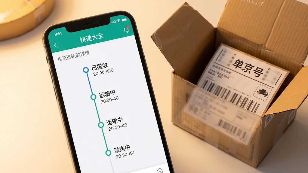 在手机屏幕上展示快递大全APP的物流轨迹详情页面,页面中显示一条从深圳发往北京的快递物流时间轴,包含已揽收、运输中、派送中等状态节点,手机旁边放着一个打开的半透明快递纸箱,纸箱内有一张写有单号的电子面单,画面采用暖色调光线,布局为手机居中偏左,纸箱在右侧点缀,风格为写实产品展示风,细节上物流时间轴清晰可读,面单文字模糊处理,画质高清干净,无多余元素