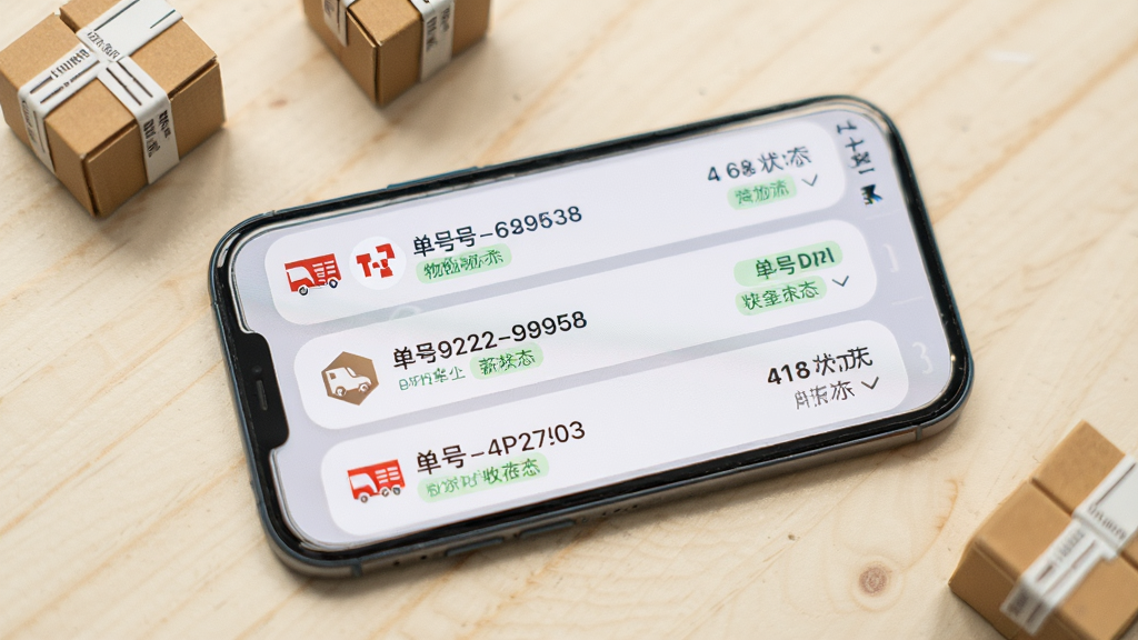 快递大全APP的收藏列表页面截图展示在手机屏幕上,列表中显示三条快递记录,每条记录包含快递公司图标、单号尾号和当前物流状态,手机平放在浅色桌面上,旁边散落几个小快递盒模型,画面采用俯拍构图,风格为清新产品展示风,细节上列表条目有圆角卡片和状态标签,画质清晰干净,无多余元素