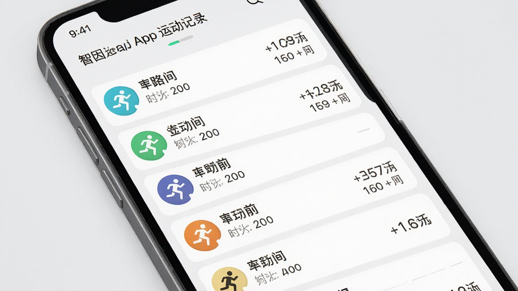 一张展示智因运动App运动记录页面的图片,画面中手机屏幕显示多条运动记录列表,每条记录带有运动类型图标、时长和消耗卡路里数据,背景为浅灰色,布局整齐,风格清新简约,细节清晰,画质高清,干净无多余元素