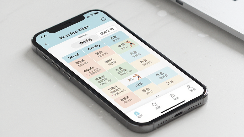 一张展示智因运动App训练计划页面的图片,手机屏幕上显示一周的训练安排表格,包含不同运动项目和休息日,界面配色柔和,风格清新,布局清晰,细节精致,画质高清,干净无多余元素