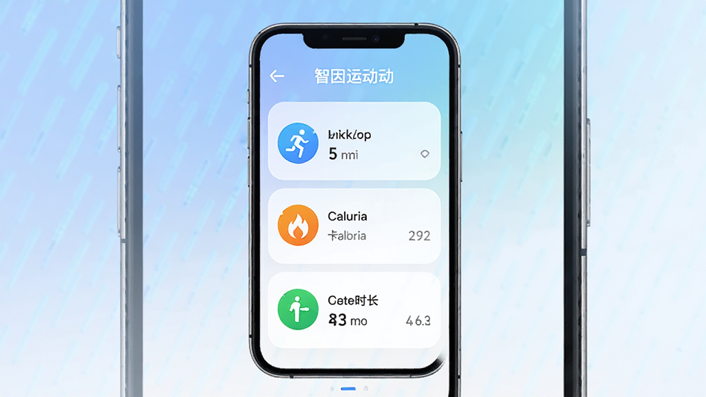 一张展示智因运动App主界面的手机截图风格图片,画面中央是一部智能手机,屏幕上显示智因运动的运动数据仪表盘,包含步数、卡路里、运动时长等图标,背景为柔和的蓝白渐变,布局简洁清晰,风格现代科技感,细节精致,画质高清,干净无多余元素