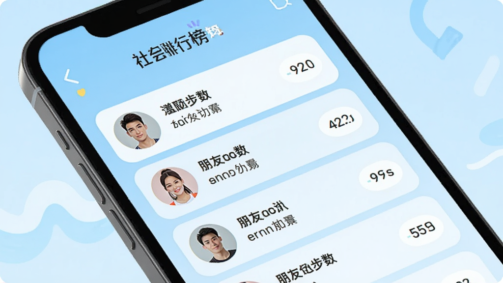 一张展示智因运动App社交排行榜页面的图片,手机屏幕显示好友运动步数排名列表,带有头像和步数数据,背景为淡蓝色,风格活泼明快,布局清晰,细节丰富,画质高清,干净无多余元素