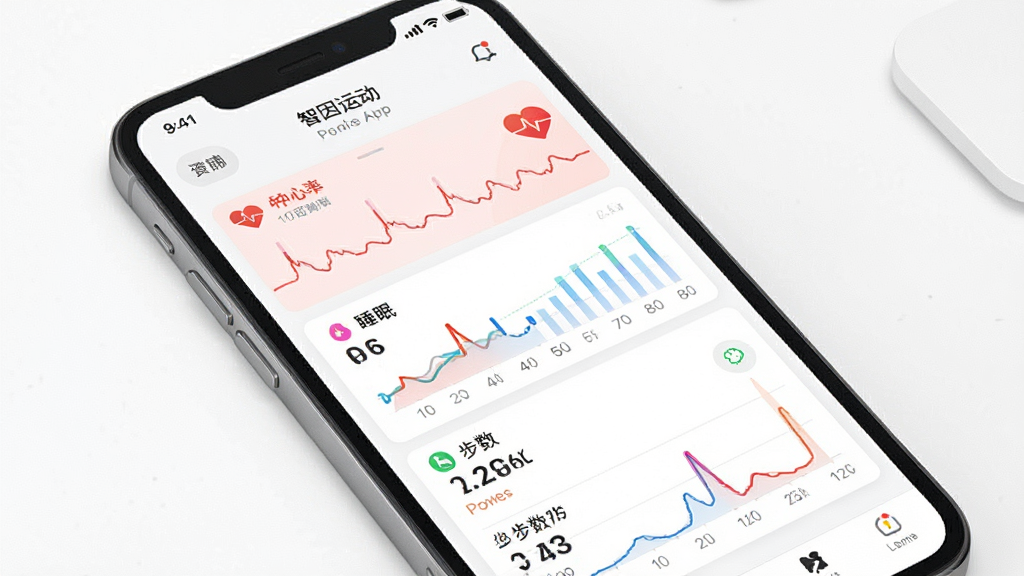 一张展示智因运动App健康数据同步页面的图片,手机屏幕显示心率、睡眠、步数等健康数据图表,背景为白色,风格简洁专业,布局清晰,细节精致,画质高清,干净无多余元素