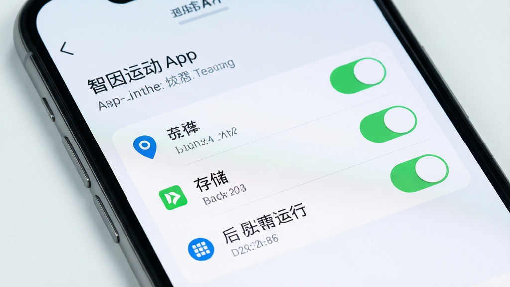 一张展示智因运动App权限设置界面的图片,手机屏幕显示定位、存储、后台运行等权限开关列表,背景为浅色,风格简洁,布局清晰,细节精致,画质高清,干净无多余元素