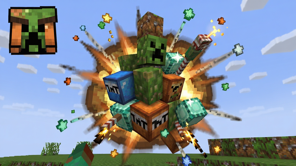 画面中央展示一个由彩色方块堆叠而成的立体爆破场景,主体是 Minecraft Blast 游戏标志性像素方块,周围环绕爆炸粒子与星星特效,布局采用居中构图,上方留出天空背景,下方为草地与矿石块,排版上游戏图标位于左上角,风格为卡通像素风,细节包括苦力怕轮廓、钻石块闪光、TNT 引线火花,画质高清,干净,无多余元素。