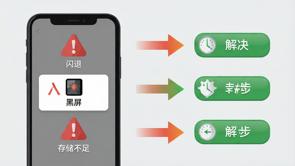 一幅展示手机游戏常见报错弹窗与解决步骤的扁平化信息图,画面左侧是手机屏幕显示“闪退”“黑屏”“存储不足”三个红色警示图标,右侧是三个对应的绿色解决按钮图标,中间用箭头连接,背景为浅灰色,布局为左右对比式,风格为简约信息图,细节包括图标的高光、箭头的渐变、文字标签的清晰度,画质清晰,画面干净,无多余装饰