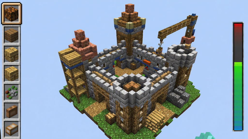 一个由 Minecraft Blast 方块搭建的城堡场景,主体是正在建造中的像素城堡,布局采用俯视微斜视角,排版上左侧为资源栏,右侧为建筑进度条,风格为明亮卡通像素,细节包括脚手架、吊车、堆放的木材与石砖,画质高清,干净,无多余元素。