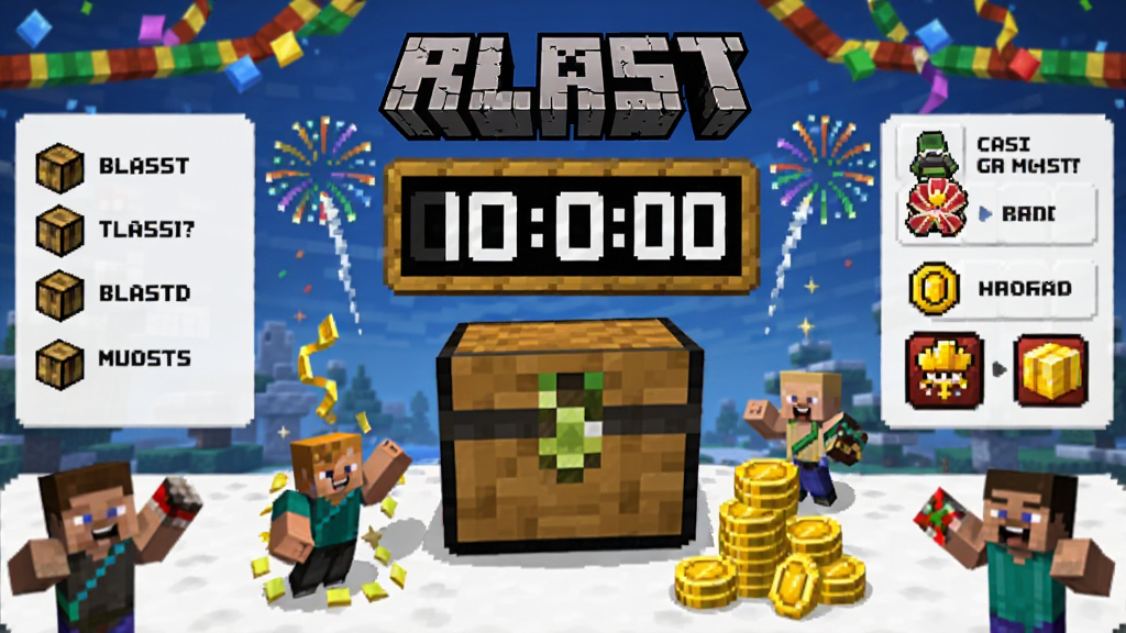 画面展示 Minecraft Blast 活动界面,主体是中央的宝箱与倒计时牌,布局采用对称式构图,排版上四周环绕任务列表与奖励图标,风格为节日庆典像素风,细节包括彩带、烟花、金币堆、角色欢呼,画质高清,干净,无多余元素。