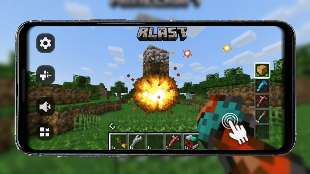 一部安卓手机横屏展示 Minecraft Blast 游戏画面,主体是手机屏幕中的方块爆破关卡,布局采用手机居中、背景虚化,排版上手机左侧浮动设置图标、右侧浮动道具栏,风格为科技感产品展示,细节包括手机边框反光、屏幕内爆炸特效、手指点击动作,画质高清,干净,无多余元素。