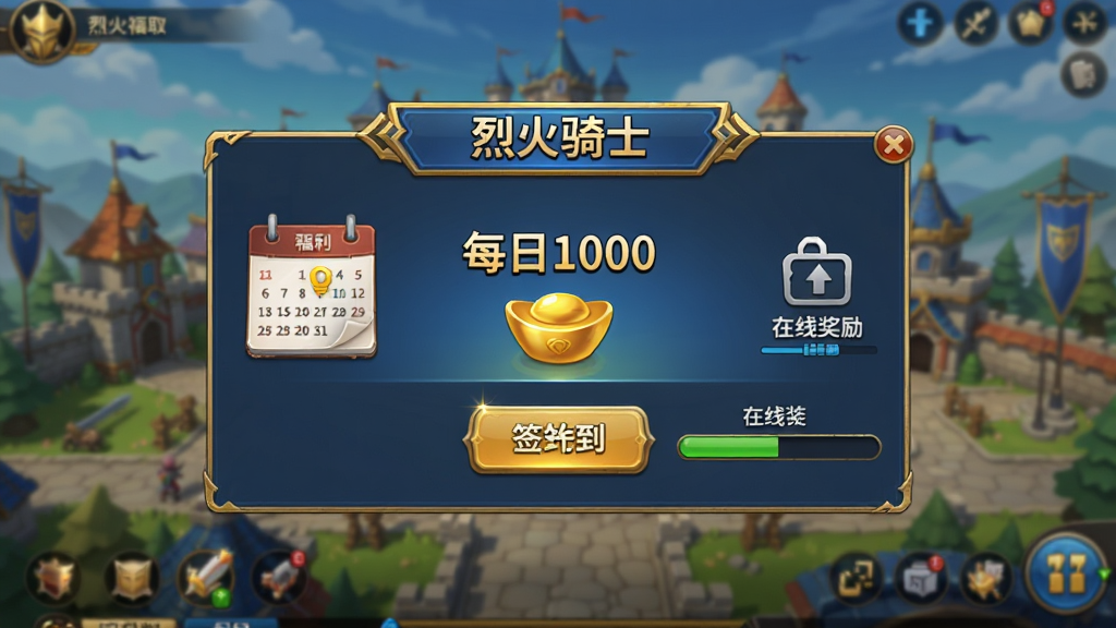 画面中央是一个“烈火骑士”游戏内的福利领取面板,面板上显示“每日1000”字样与元宝图标,周围有日历、签到按钮、在线奖励进度条等元素,背景为游戏主城界面,风格为游戏UI设计展示,排版规整清晰,画质高清,色彩以金色与蓝色为主,无多余元素