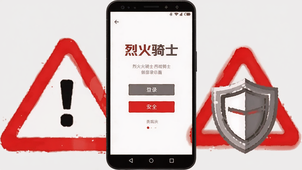 画面展示一部安卓手机屏幕上显示“烈火骑士”游戏登录界面,旁边有红色警告标志与盾牌图标,背景为简洁的灰色调,风格为安全提示类插图,排版居中突出手机与警告标志,画质清晰,色彩以红、灰、白为主,无多余元素