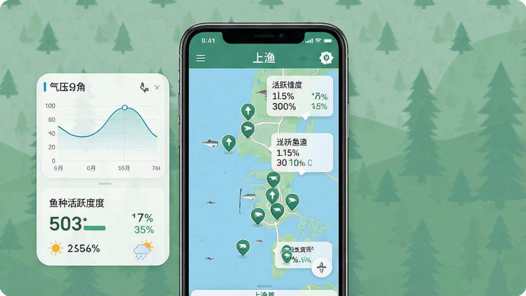 一张展示“上渔”APP智能推荐功能的图片,主体为手机屏幕显示地图界面,布局为地图上分布多个钓点图标与信息卡片,排版为左右分栏,风格为清新户外风,细节包括气压曲线图、鱼种活跃度百分比、天气小图标,画质高清,干净,无多余元素。