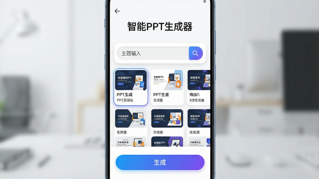一张展示智能PPT生成器软件界面的预览图,画面主体为一部安卓手机屏幕,屏幕中呈现软件首页,顶部有