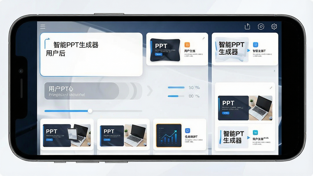 一张展示智能PPT生成器一键生成功能的预览图,画面主体为手机屏幕,屏幕中显示用户输入主题后系统自动生成多页PPT缩略图的过程,布局为竖版手机界面,排版为上方输入框、下方生成结果列表,风格为清爽科技风,细节包括进度条动画、页面缩略图卡片、
