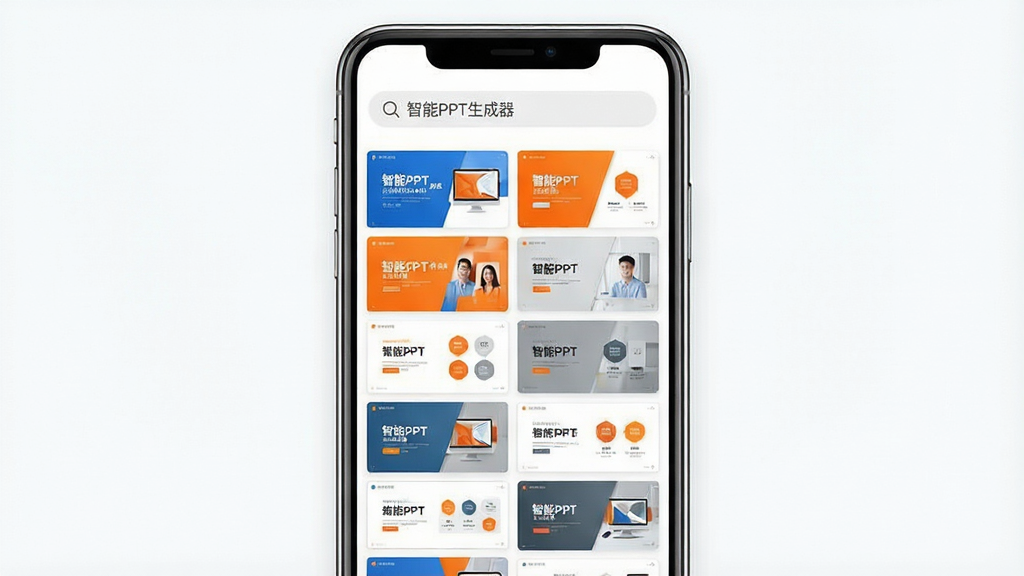 一张展示智能PPT生成器模板库功能的预览图,画面主体为手机屏幕,屏幕中呈现多套不同风格的PPT模板缩略图网格,布局为竖版手机界面,排版为顶部搜索栏加下方模板网格,风格为清新明亮风,细节包括商务蓝、活力橙、简约灰等多种配色模板、